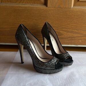 Miu Miu Glitter Peep Toe Platform Pumps Sparkly upper  Heels Leather Lining